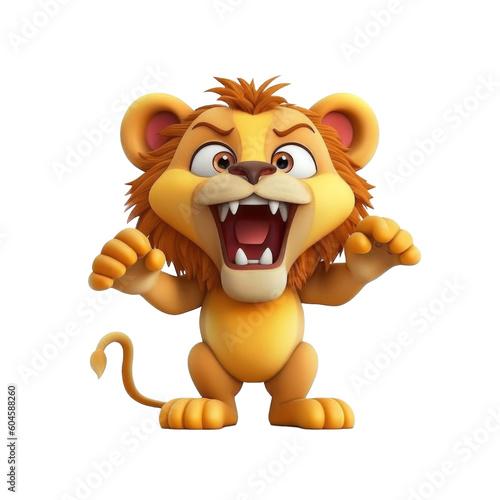 Cute Roaring Lion 3D Cartoon Style Isolated on Transparent Background - Generative AI 