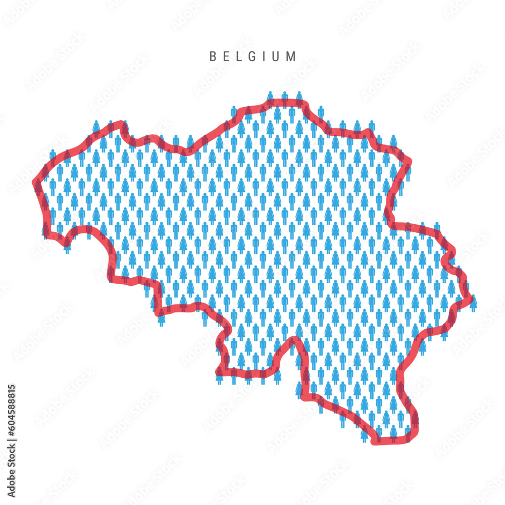 Belgium population map. Stick figures Belgian people map. Pattern of men and women. Flat vector illustration