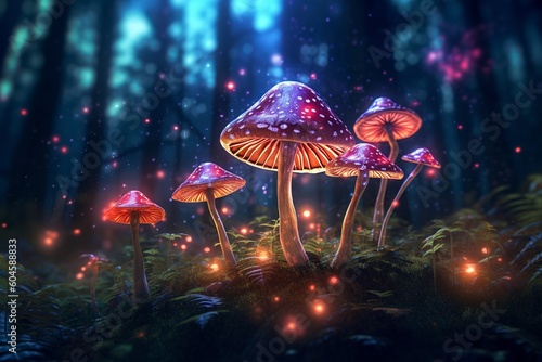 Magic mushrooms in the forest with glowing light, created with Generative AI technology