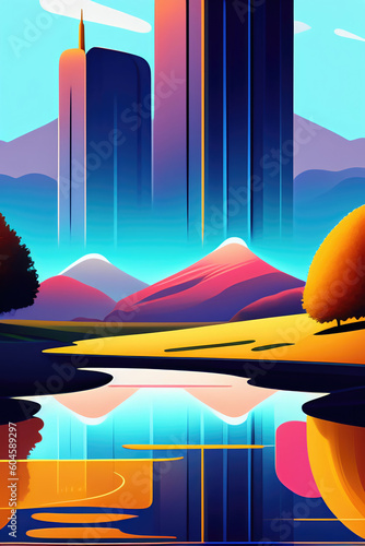 A vibrant landscape with skyscrapers  mountains and trees with reflection in the water. Generative AI