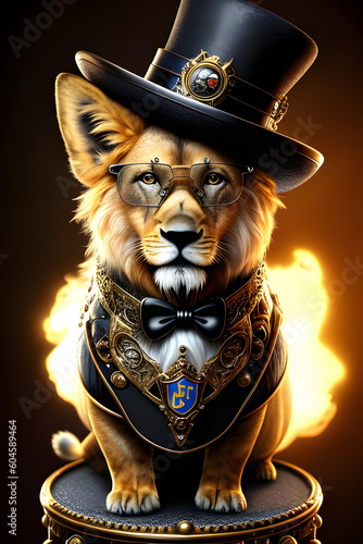 close-up of a lion in a hat and glasses, top hat, coat, generative AI