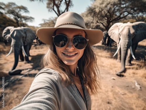 Urlaub in Afrika, glückliche Wanderin mit Selfie am Elefanten, generative AI.