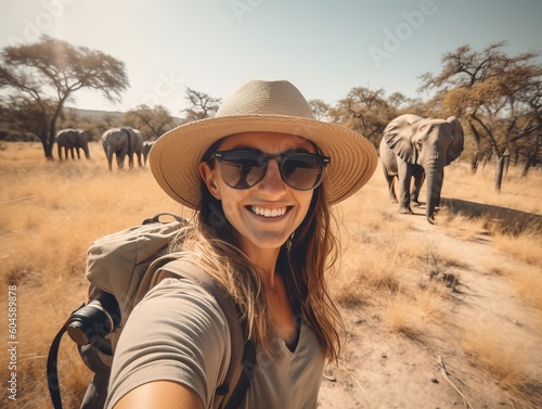 Urlaub in Afrika, glückliche Wanderin mit Selfie am Elefanten, generative AI.