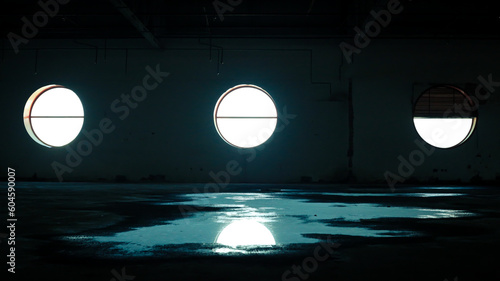 Foto Three round windows illuminating a puddle in an abandoned place