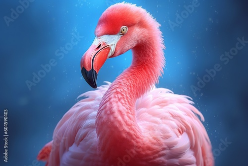 Close-up portrait of a pink flamingo, created with Generative AI technology © mafizul_islam