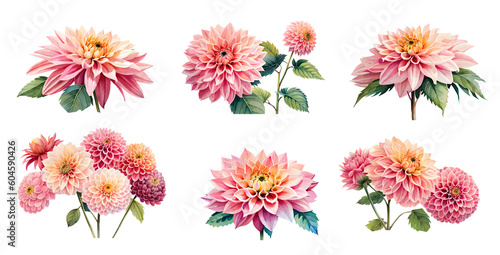 Billede på lærred Set of watercolor dahlia flowers. Generative Ai