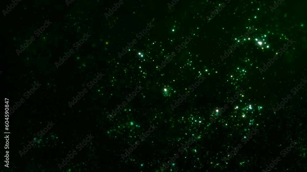 Abstract ambient background of swirling luminous green particles. Relaxing concept 3D illustration wallpaper backdrop. Magic psychedelic shimmering sparkle dust showcase and copy space backplate.