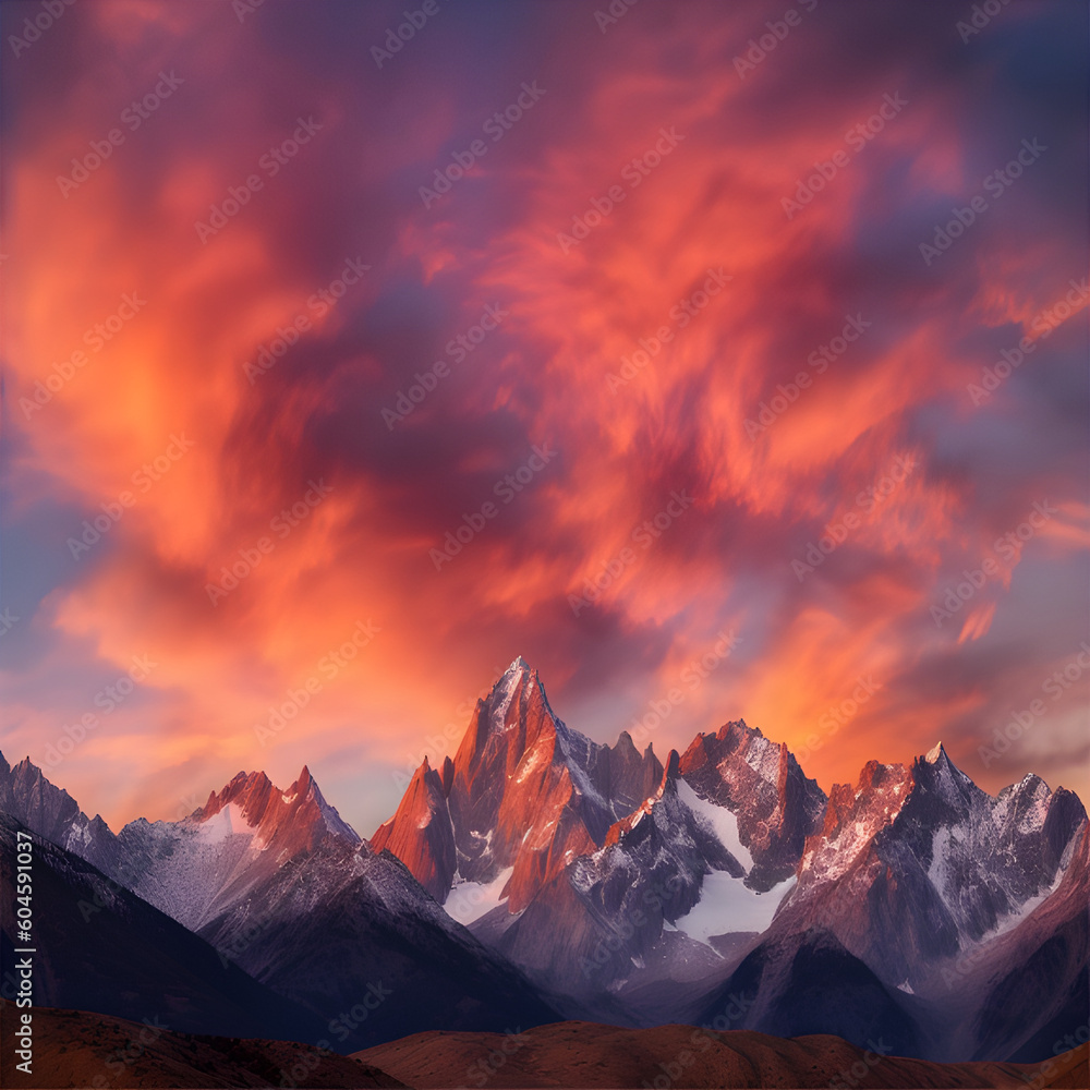 mountain range chain covered in snow with purple orange and red glowing clouds in the sky