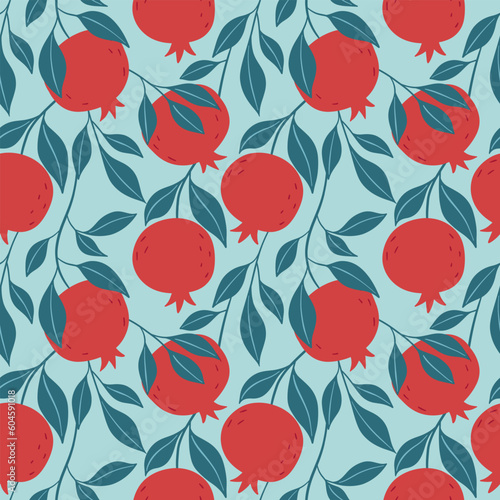 Colorful seamless pattern of hand drawn red pomegranate and leaves. Perfect for textile manufacturing wallpaper posters etc. Vector illustration