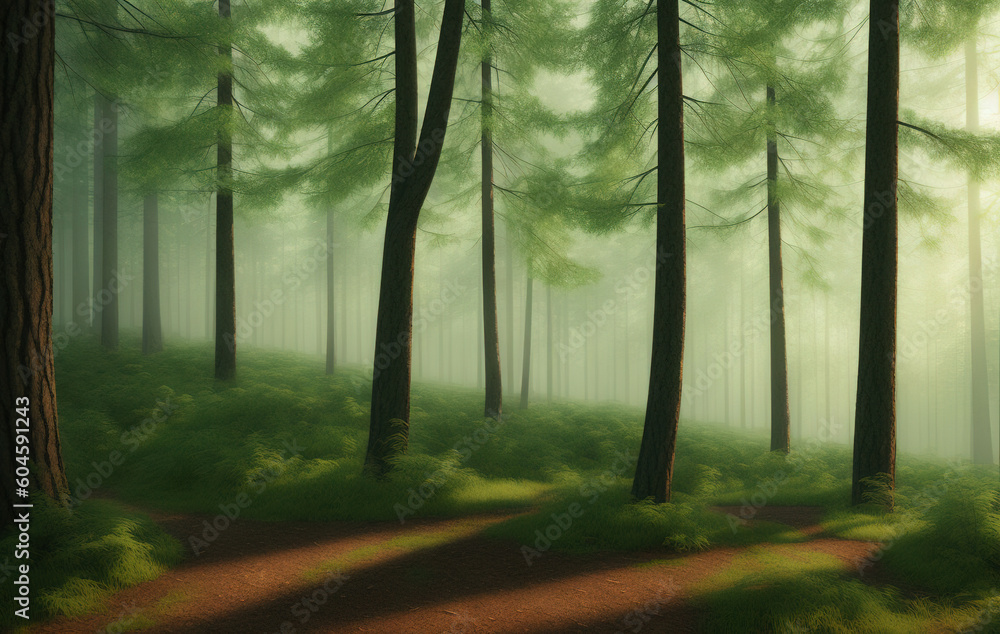 Natural Forest of Spruce Trees, Sunbeams through Fog create mystic Atmosphere. Ai generated technology Natural Forest of Spruce Trees, Sunbeams through Fog create mystic Atmosphere. Ai generated technology