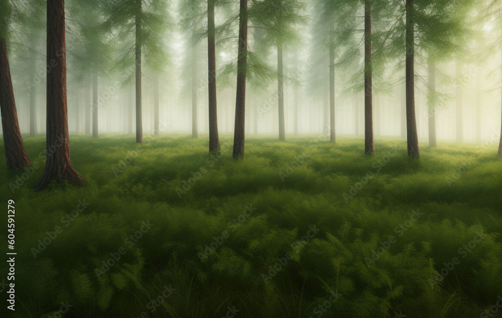 Fototapeta premium Natural Forest of Spruce Trees, Sunbeams through Fog create mystic Atmosphere. Ai generated technology
