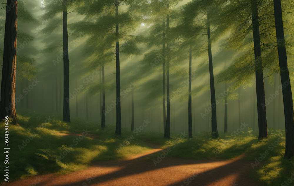 Natural Forest of Spruce Trees, Sunbeams through Fog create mystic Atmosphere. Ai generated technology Natural Forest of Spruce Trees, Sunbeams through Fog create mystic Atmosphere. Ai generated technology
