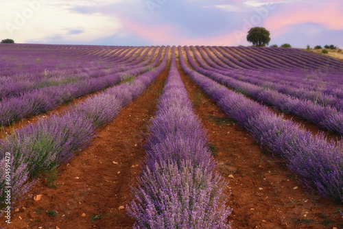 Lavender field with beautiful sunset sky