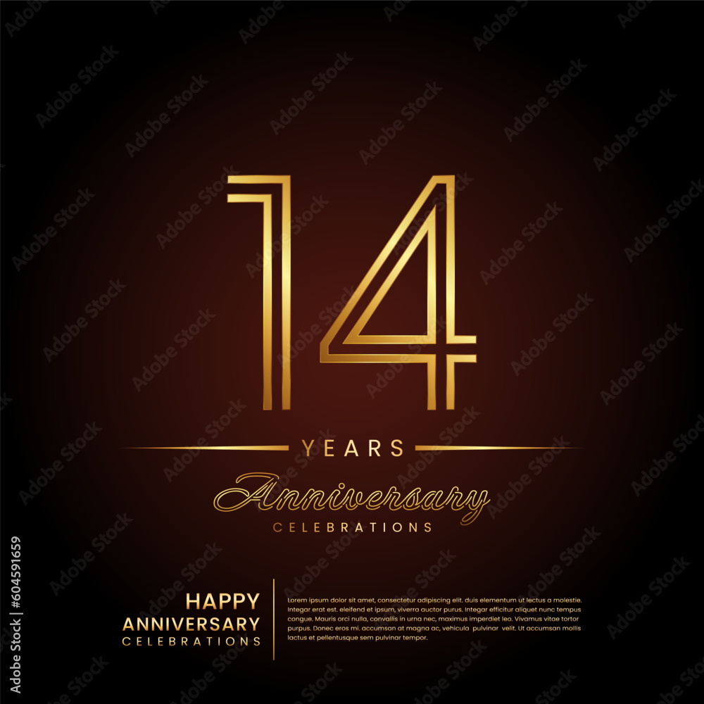 14 years anniversary, anniversary template design with double line number and golden text for birthday celebration event, invitation, banner poster, flyer, and greeting card, vector template 14 years anniversary, anniversary template design with double line number and golden text for birthday celebration event, invitation, banner poster, flyer, and greeting card, vector template
