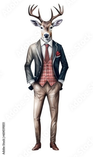 Deer dressed in a suit like a businessman, isolated on white (generative AI)