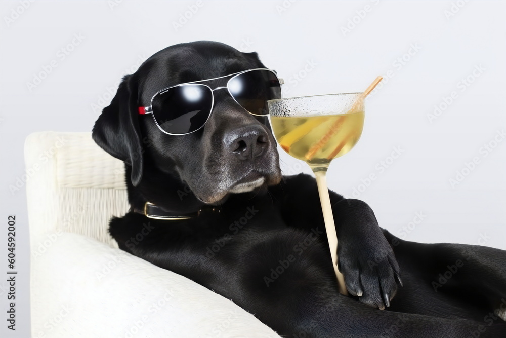 Labrador retriever dog with sunglasses and a cocktail created with Generative AI