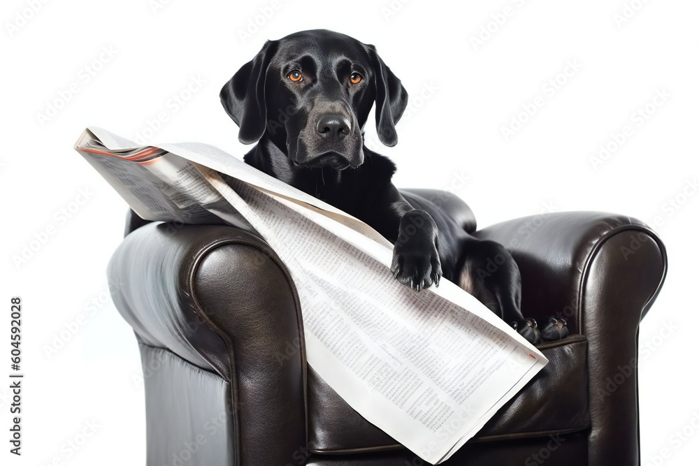 Labrador retriever is lying on the sofa and reading the newspaper ...
