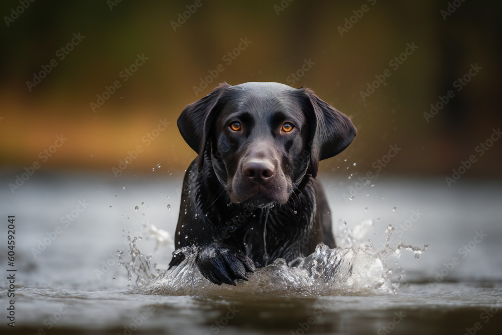 Labrador retriever runs through the water created with Generative AI Labrador retriever runs through the water created with Generative AI