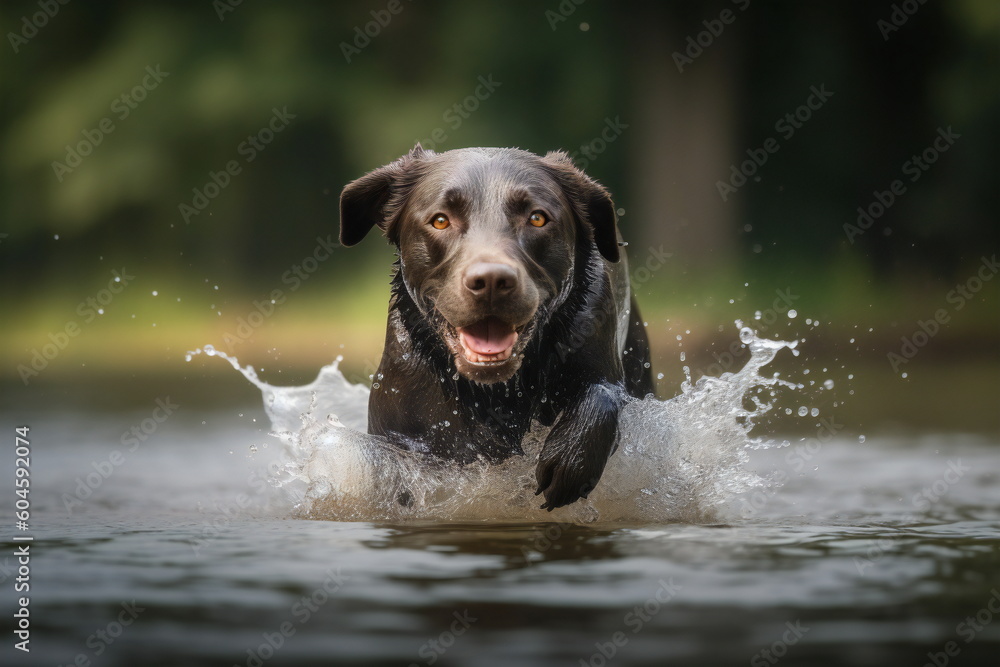 Labrador retriever runs through the water created with Generative AI Labrador retriever runs through the water created with Generative AI