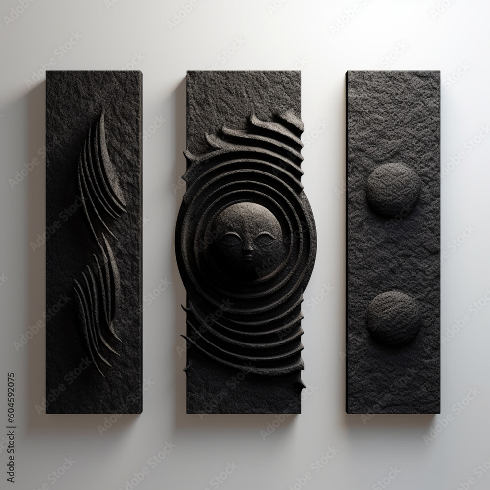 3 piece intergalactic, minimalistic, sculpture, abstract, 3D, textured