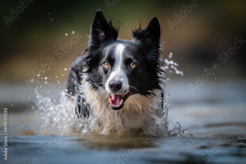 border collie runs through the water created with Generative AI
