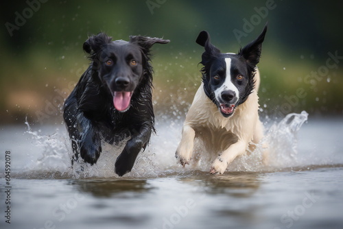 2 dogs run through the water created with Generative AI © seraph1976