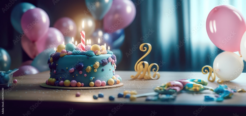 birthday or anniversary cake celebration with balloons and party decoration as banner with copy space area - Generative AI