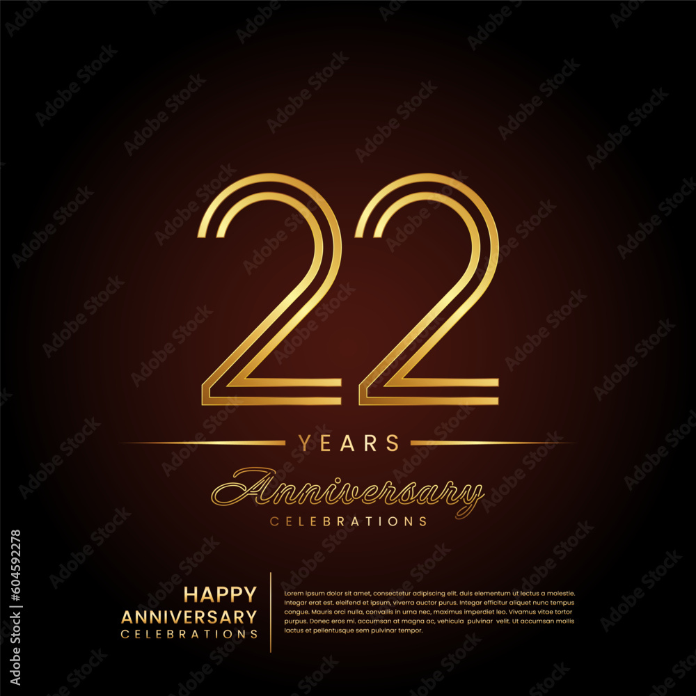 22 years anniversary, anniversary template design with double line number and golden text for birthday celebration event, invitation, banner poster, flyer, and greeting card, vector template 22 years anniversary, anniversary template design with double line number and golden text for birthday celebration event, invitation, banner poster, flyer, and greeting card, vector template