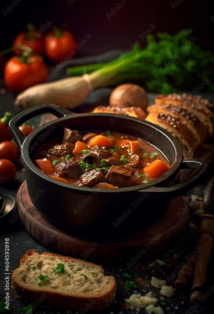 Traditional Irish stew in a bowl with bread. Stew of lamb, potatoes, onions, carrots, and thyme. Traditional dish of St. Patrick's Day. AI Generative. Traditional Irish stew in a bowl with bread. Stew of lamb, potatoes, onions, carrots, and thyme. Traditional dish of St. Patrick's Day. AI Generative.