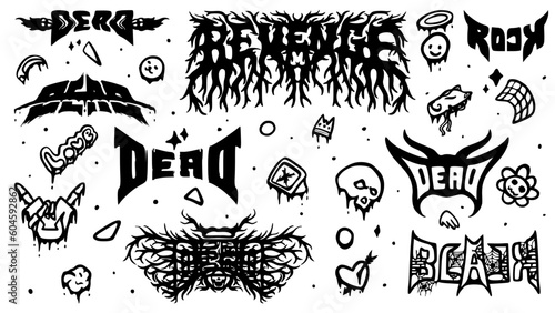 Rock and metal band logo design collection set with doodle and tribal vector illustration