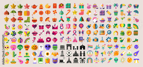Vector illustrations collection. Celebration icon set. Universal pictogram bundle. Graphic asset. Colorful cliparts. Flat illustration.