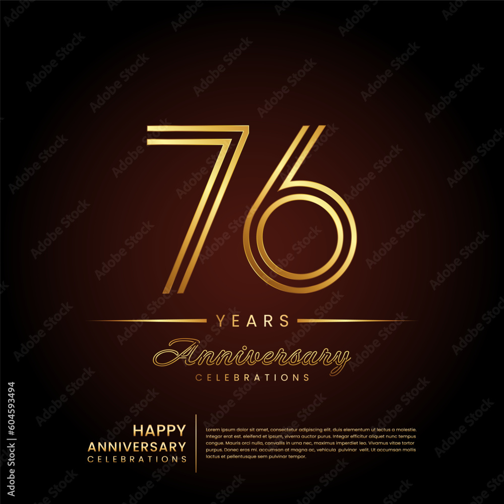 76 years anniversary, anniversary template design with double line number and golden text for birthday celebration event, invitation, banner poster, flyer, and greeting card, vector template - obrazy, fototapety, plakaty 