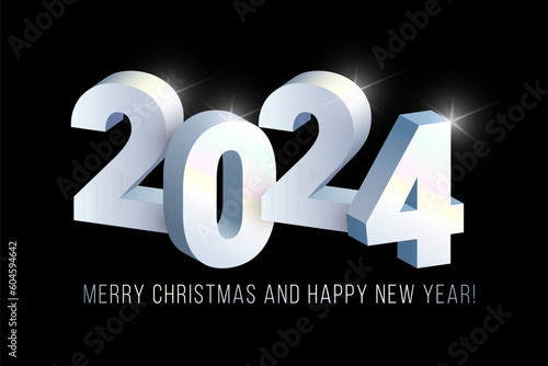 Realistic 3D silver numbers 2024 with shadows on black background. Vector white gold greeting concept for web, print, ad, greeting card design element