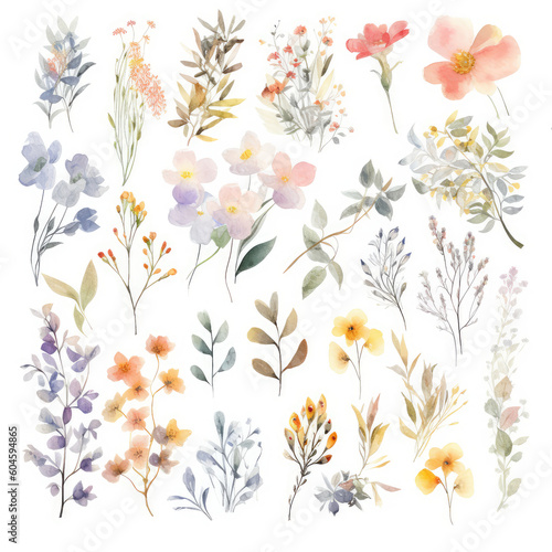 Big Set watercolor elements - wildflowers, herbs, leaf. collection garden and wild, forest herb, flowers, branches. illustration isolated on white background, exotic leaf. Botanic