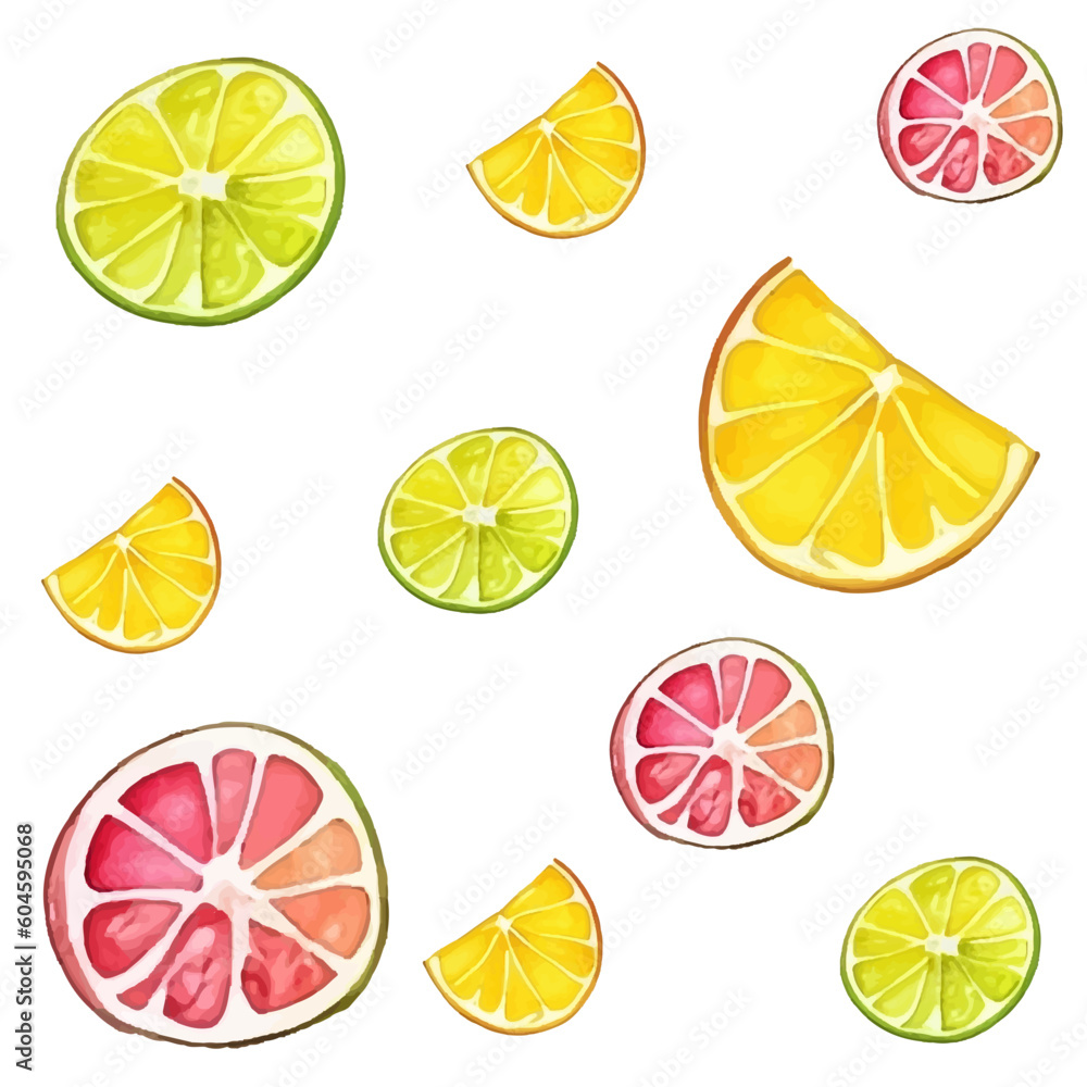 Vector seamless pattern with citrus fruits in a watercolor style, on a plain white background.
