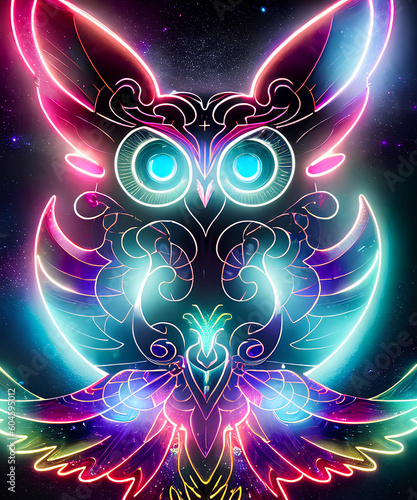 Generative AI Illustration of a glowing owl