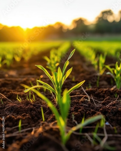 Corn sprouts grow in spring farm landscape with fresh greenery. (Generative AI)