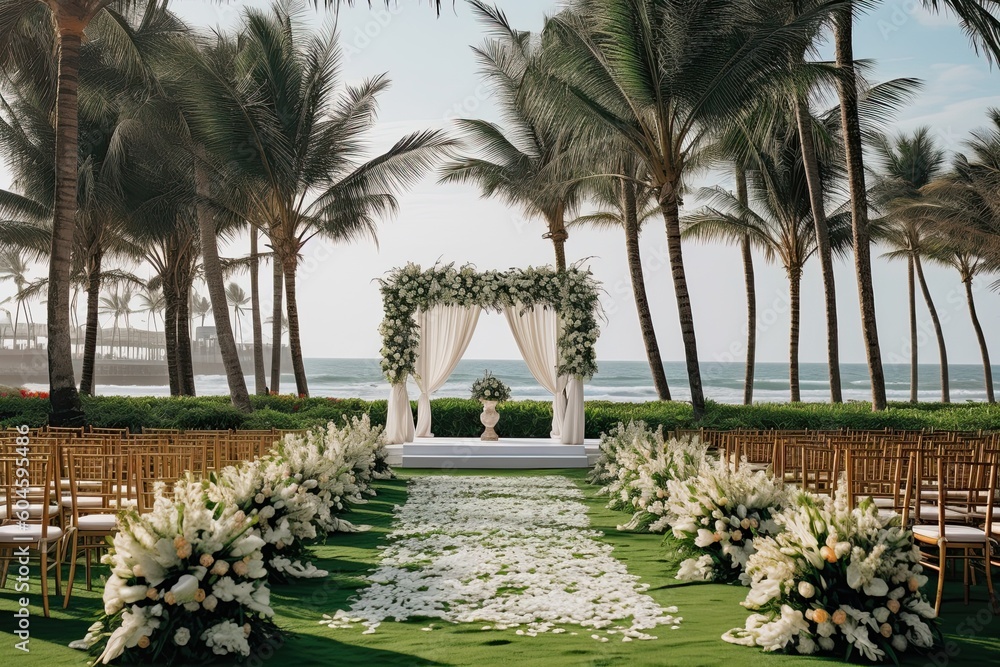 wedding backdrop aesthetic flower decoration outdoor tropical beach background AI Generated