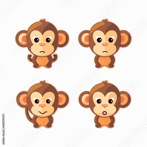 Funny monkey minimalist stickers in logo  icon style  2D illustration in doodle  cartoon style. 