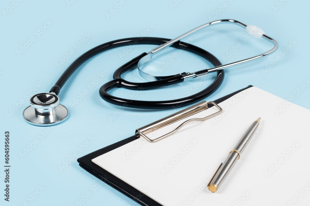 blank clipboard with modern stethoscope, space for messages blank clipboard with modern stethoscope, space for messages