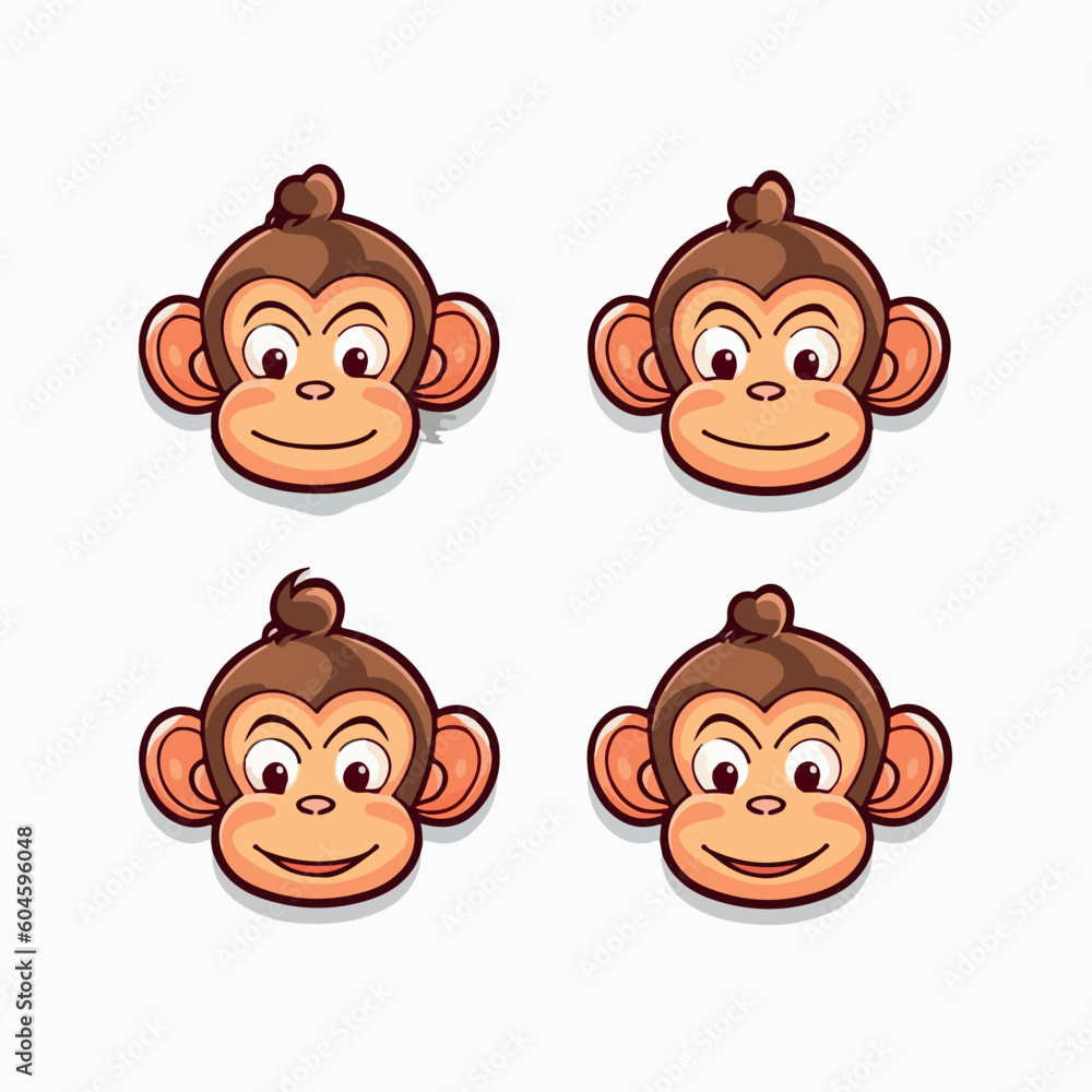 Funny monkey minimalist stickers in logo, icon style, 2D illustration in doodle, cartoon style.  - obrazy, fototapety, plakaty 