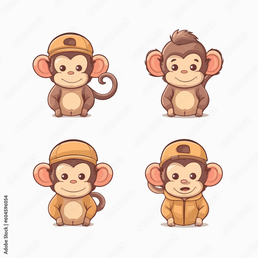 Funny monkey minimalist stickers in logo, icon style, 2D illustration in doodle, cartoon style. 