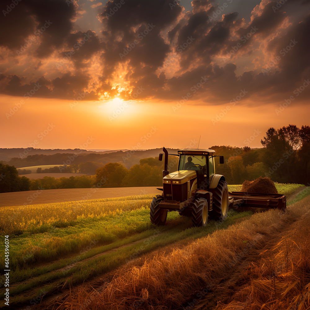 Fototapeta premium tractor in the countryside in a field harvesting straw