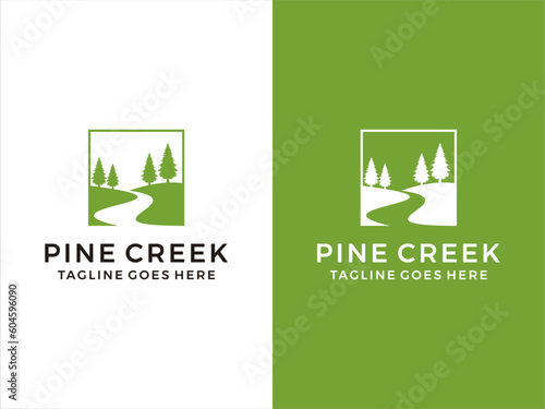 Creek pine silhouette logo design inspiration