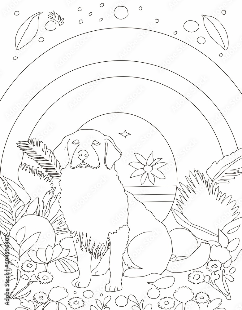 cute floral Dog line art for coloring book interior for kids , 