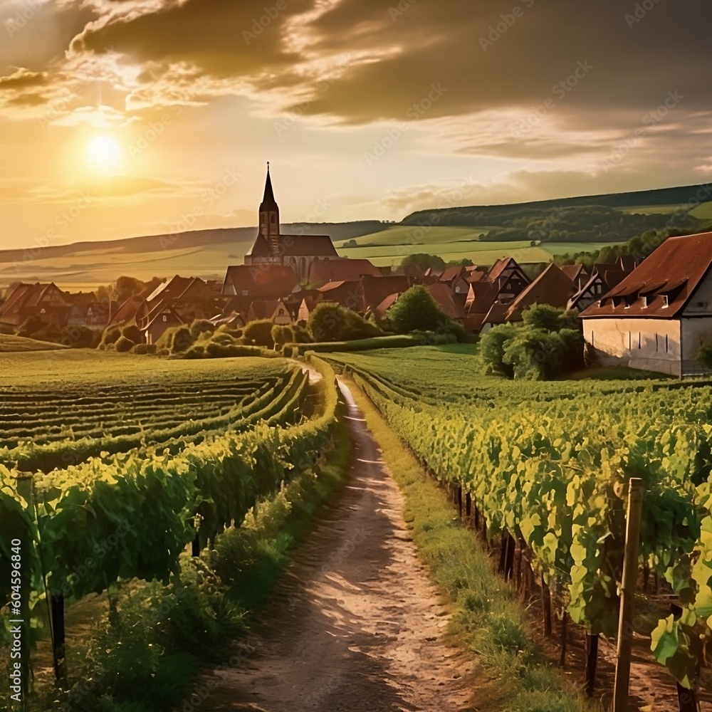 path trough vineyards towards small village with church
