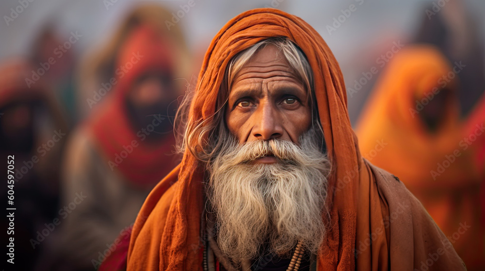 Holy Sadhu men with traditional painted face. Generative AI - obrazy, fototapety, plakaty 
