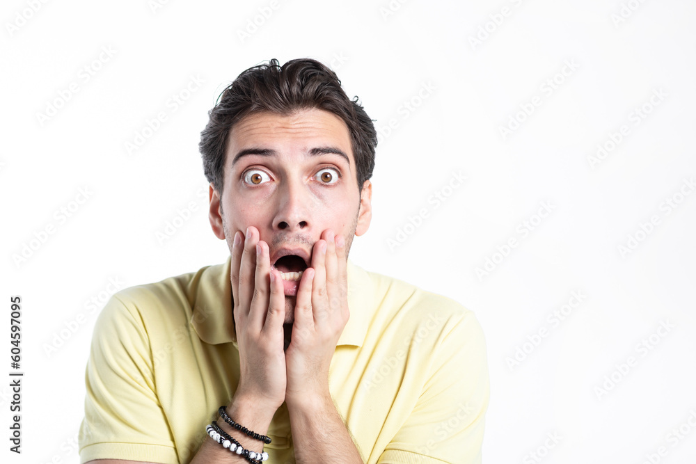 Close up portrait of funny stressed man isolated on white background Close up portrait of funny stressed man isolated on white background