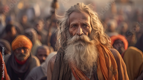 Holy Sadhu men with traditional painted face. Generative AI