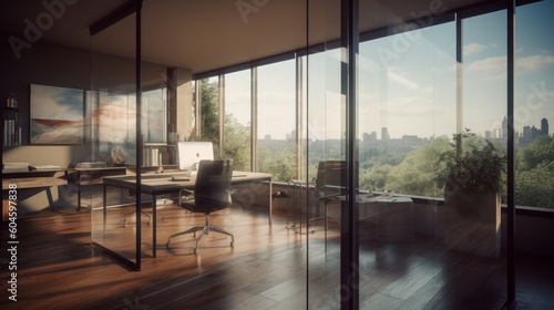 Professional office setup with a breathtaking view of the city skyline. Created by AI